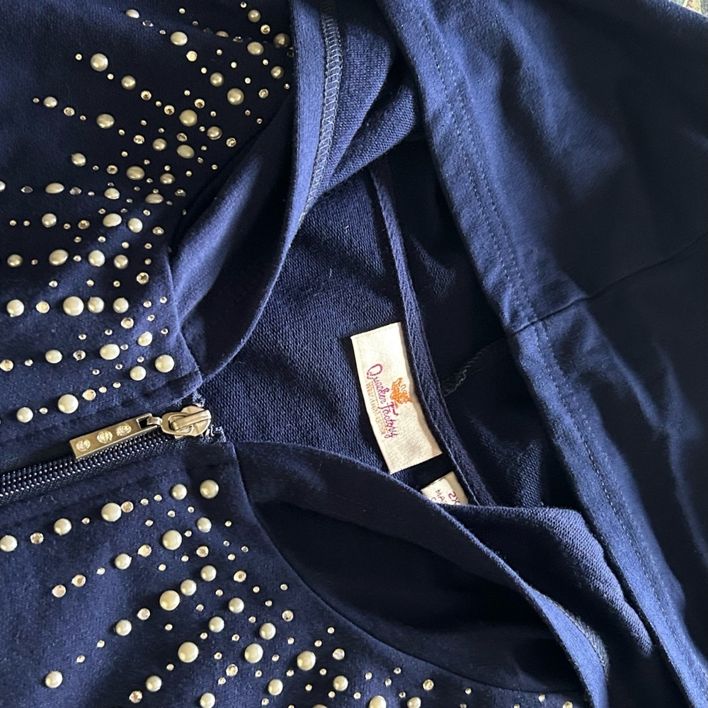 Quacker Factory Navy Blue Pearl Studded Hoodie Vest 2X